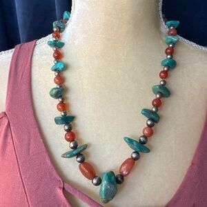 TURQUOISE, CORAL AND SILVER VINTAGE NECKLACE